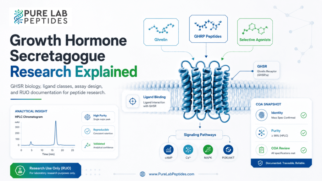 Growth Hormone Secretagogue research infographic showing GHSR signaling, COA, and HPLC context